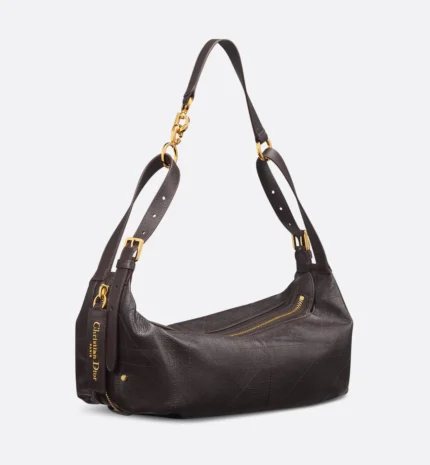 Sac D-Journey moyen en cuir de veau grainé brillant Macrocannage plat brun chocolat